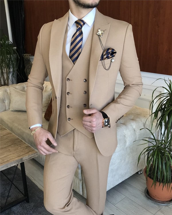 İtalyan stil ceket yelek pantolon takım elbise Açık Camel T5280 · 4