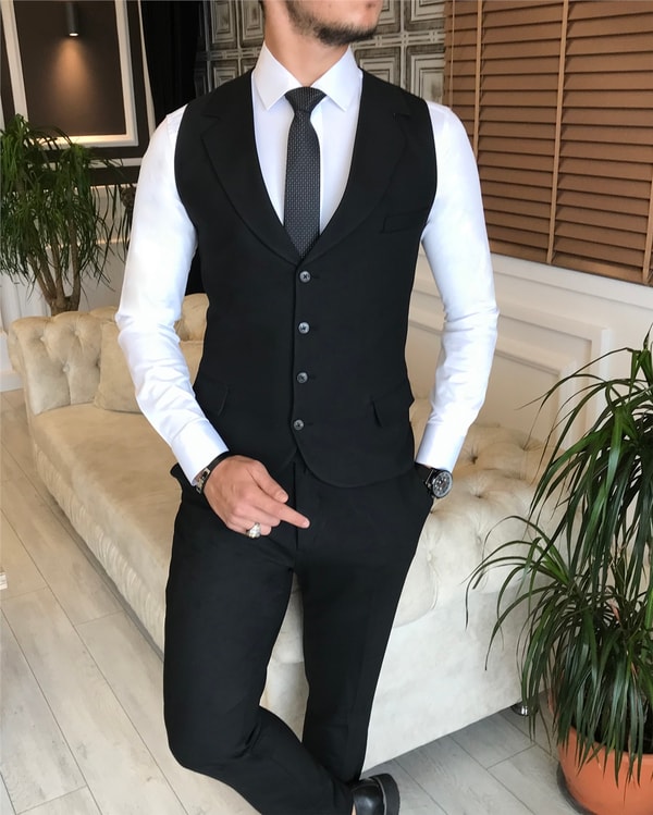 İtalyan stil erkek ceket yelek pantolon takım elbise siyah T6098 · 9