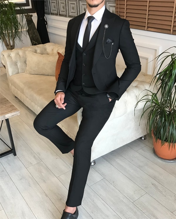 İtalyan stil erkek ceket yelek pantolon takım elbise siyah T6098 · 8