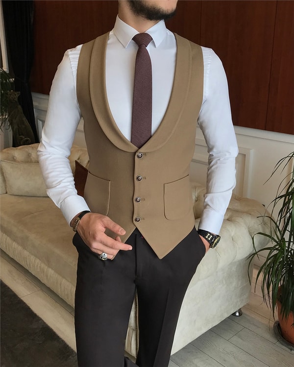 İtalyan stil erkek ceket yelek kombin camel T6349 · 4