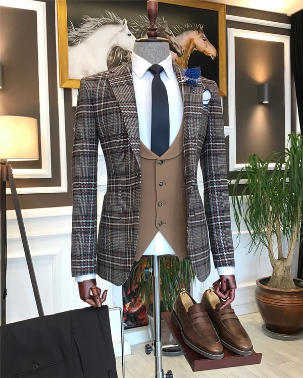 İtalyan stil erkek ceket yelek kombin camel T6346 · 6