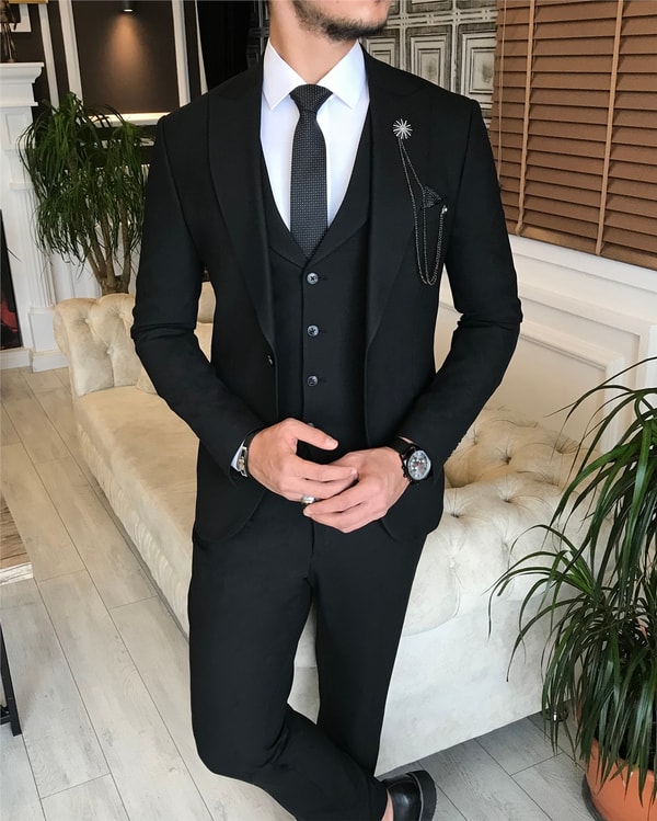 İtalyan stil erkek ceket yelek pantolon takım elbise siyah T6098 · 6
