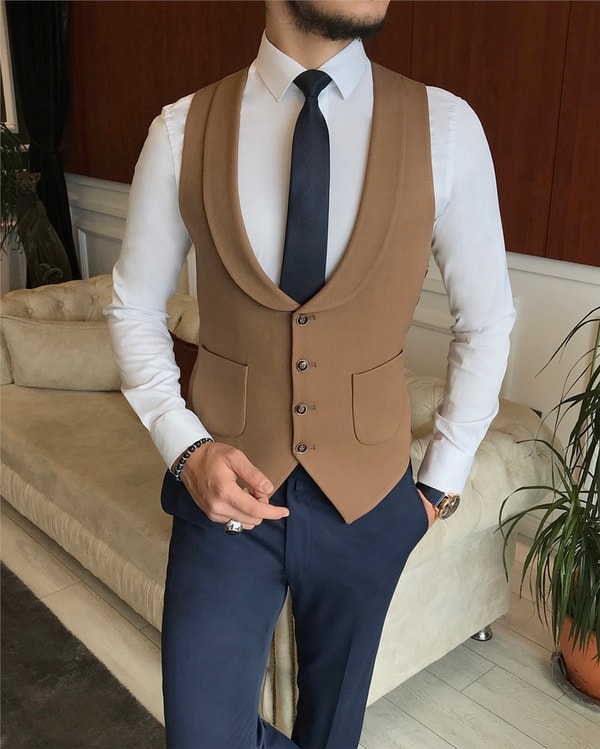 İtalyan stil erkek ceket yelek kombin camel T6346 · 2
