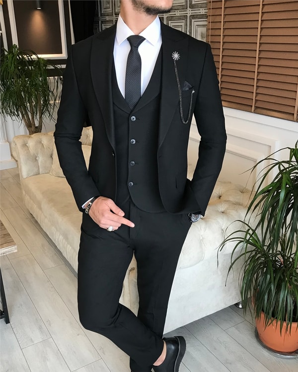 İtalyan stil erkek ceket yelek pantolon takım elbise siyah T6098 · 7