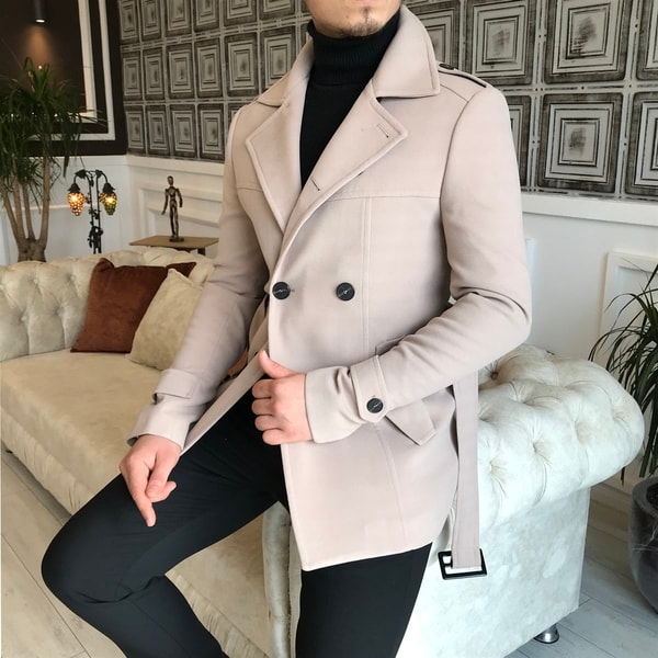 İtalyan stil erkek kısa kaşe trençkot mont kaban Bej T4384 · 7