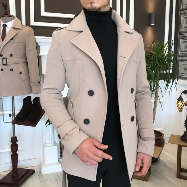 İtalyan stil erkek kısa kaşe trençkot mont kaban Bej T4384 · 3