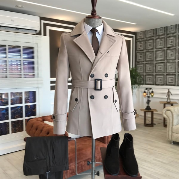 İtalyan stil erkek kısa kaşe trençkot mont kaban Bej T4384 · 2