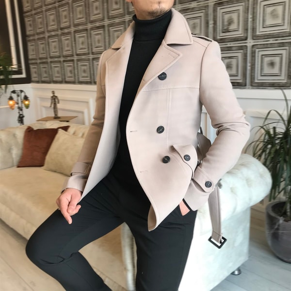 İtalyan stil erkek kısa kaşe trençkot mont kaban Bej T4384 · 4