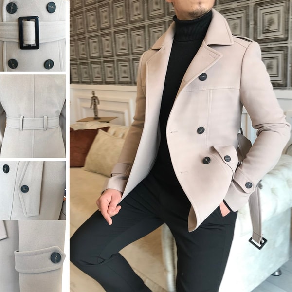 İtalyan stil erkek kısa kaşe trençkot mont kaban Bej T4384 · 6