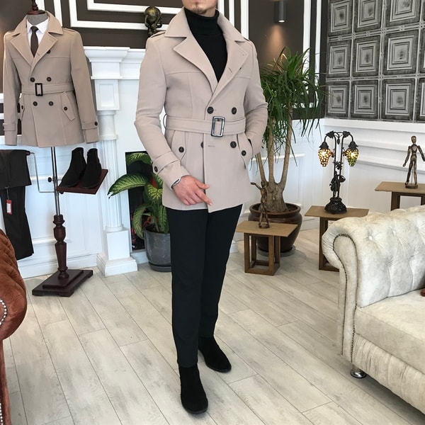 İtalyan stil erkek kısa kaşe trençkot mont kaban Bej T4384 · 5