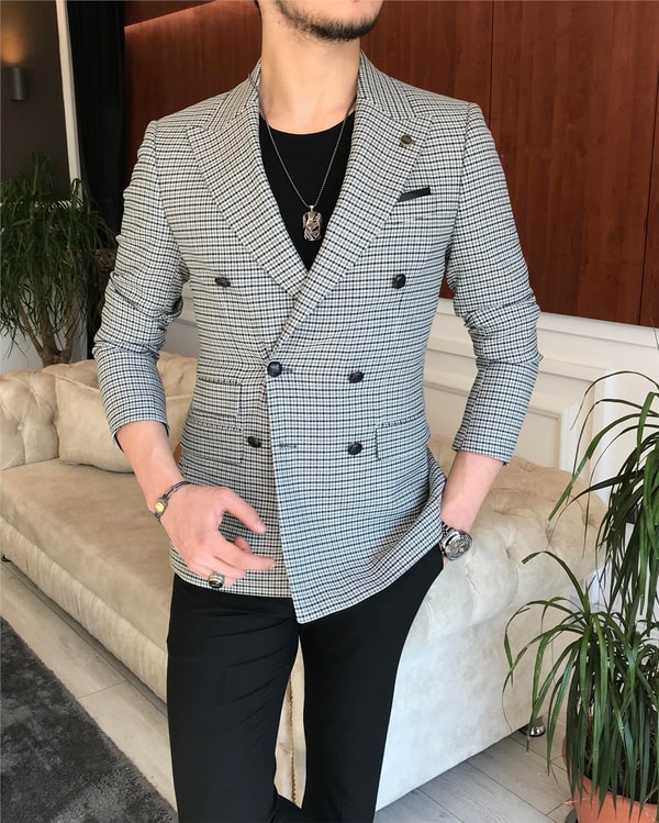 İtalyan stil erkek slim fit kruvaze kışlık tek ceket gri T6683 · 5