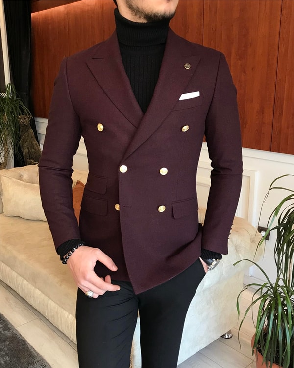 İtalyan stil erkek slim fit kruvaze kışlık tek ceket bordo T6690 · 2