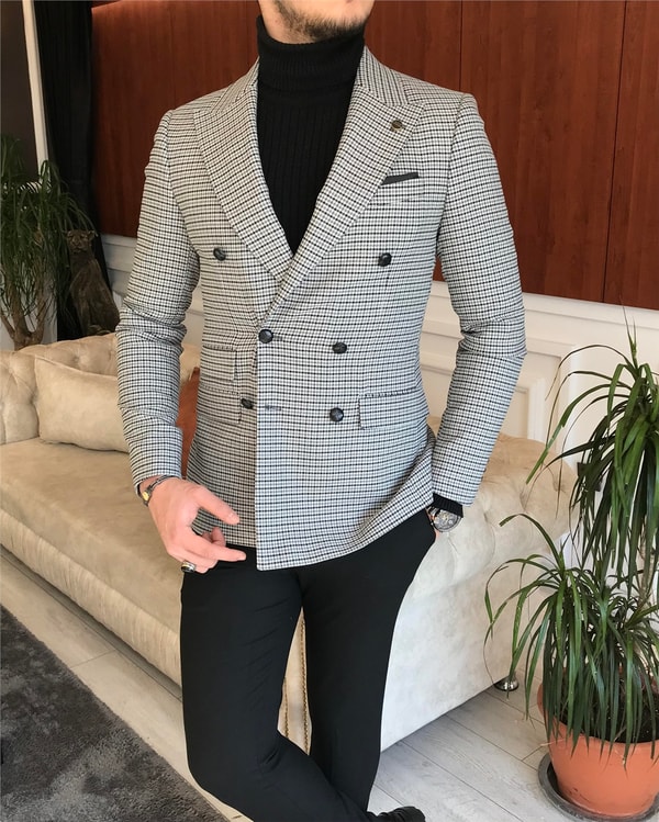 İtalyan stil erkek slim fit kruvaze kışlık tek ceket gri T6683 · 3