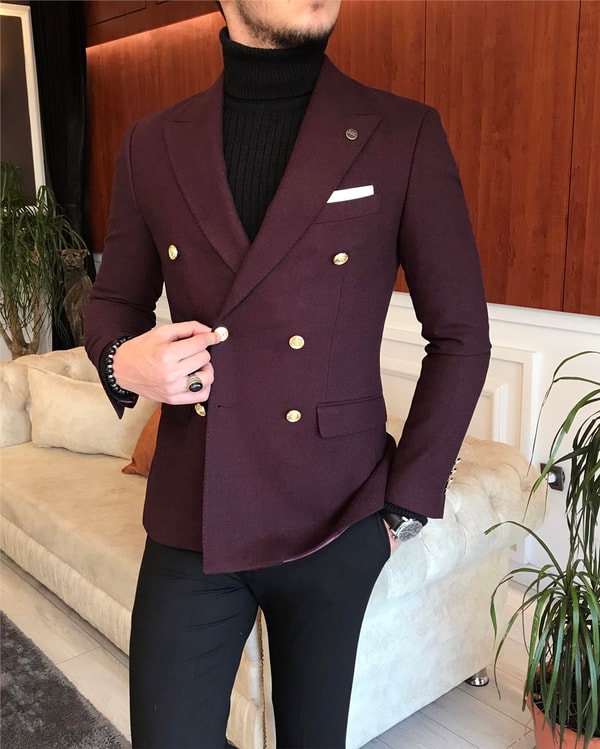 İtalyan stil erkek slim fit kruvaze kışlık tek ceket bordo T6690 · 4