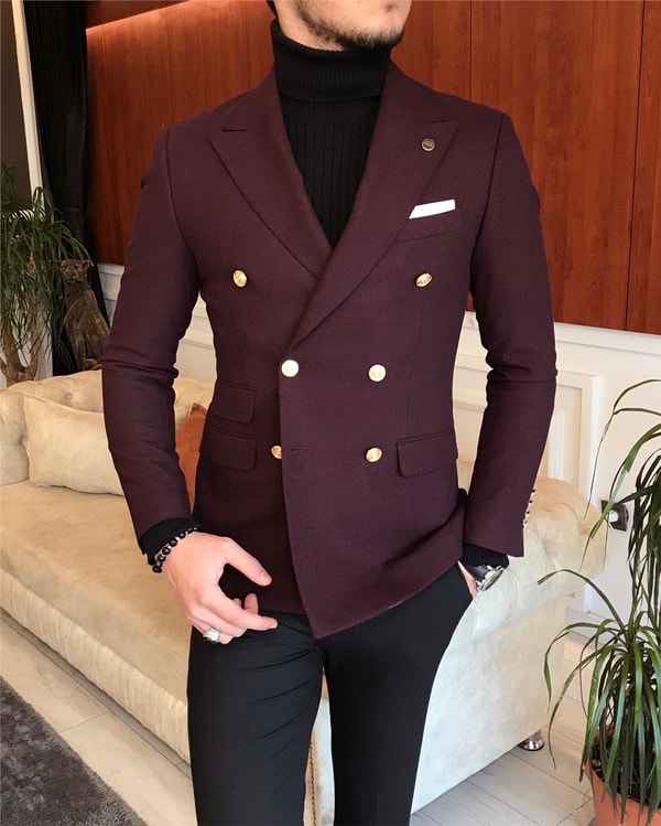 İtalyan stil erkek slim fit kruvaze kışlık tek ceket bordo T6690