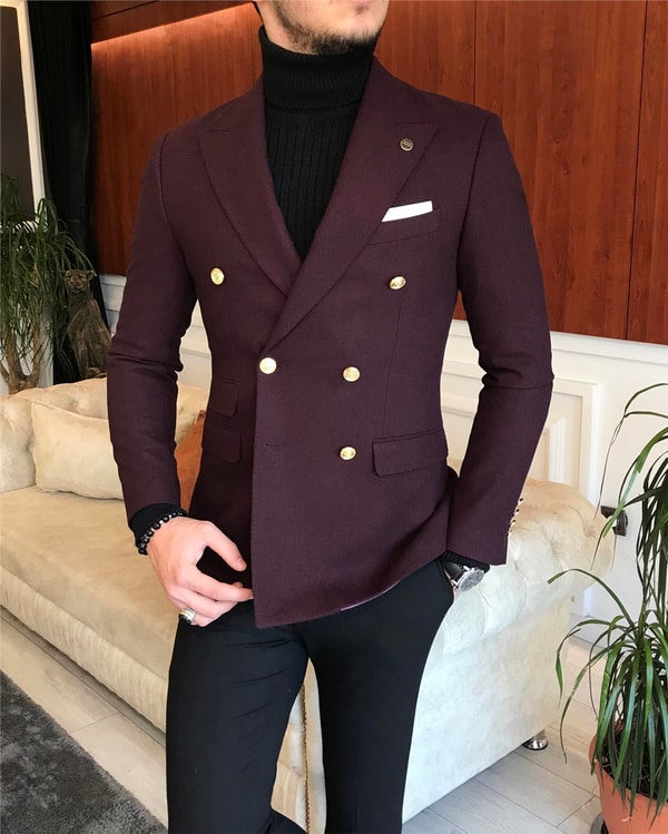 İtalyan stil erkek slim fit kruvaze kışlık tek ceket bordo T6690 · 3