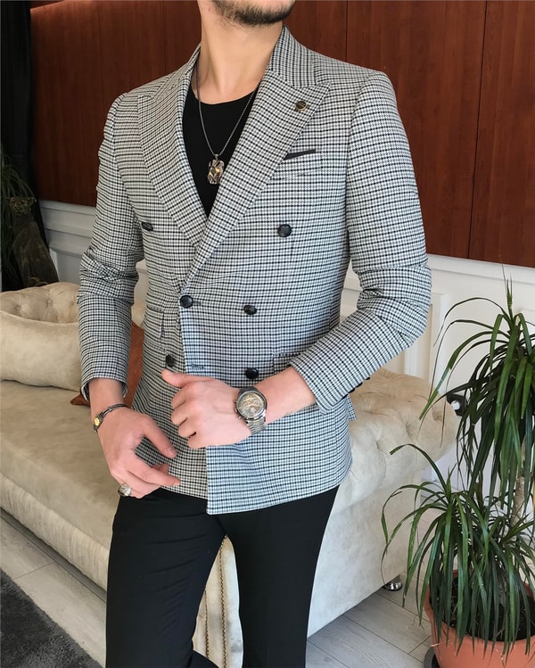 İtalyan stil erkek slim fit kruvaze kışlık tek ceket gri T6683 · 7