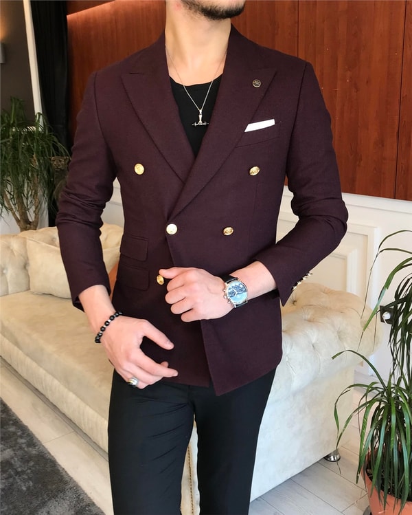 İtalyan stil erkek slim fit kruvaze kışlık tek ceket bordo T6690 · 6