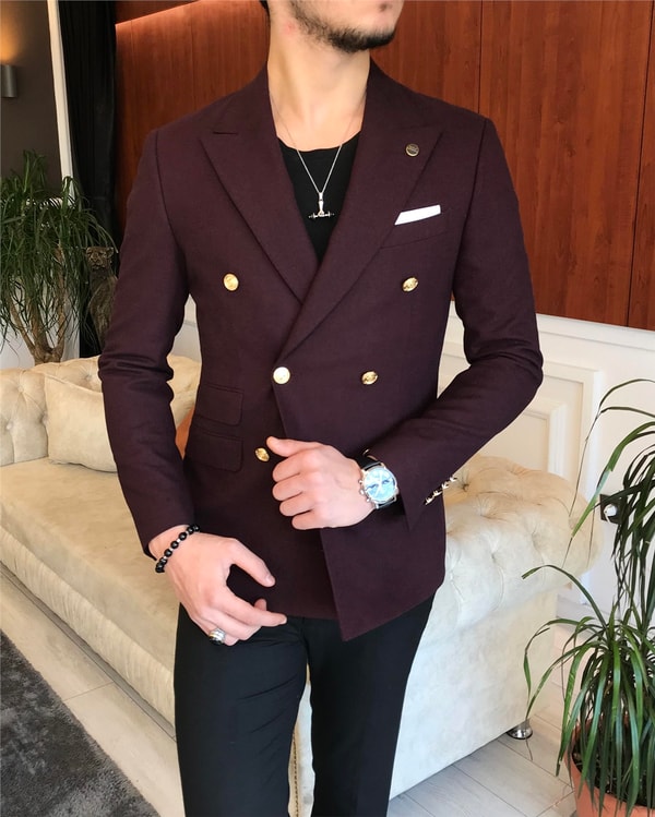 İtalyan stil erkek slim fit kruvaze kışlık tek ceket bordo T6690 · 5
