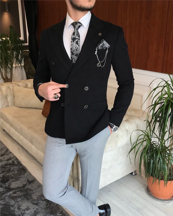 İtalyan stil erkek slim fit kruvaze tek ceket siyah T6451 · 3