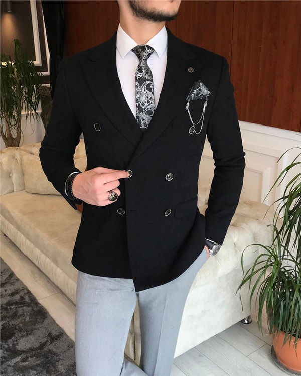 İtalyan stil erkek slim fit kruvaze tek ceket siyah T6451 · 2