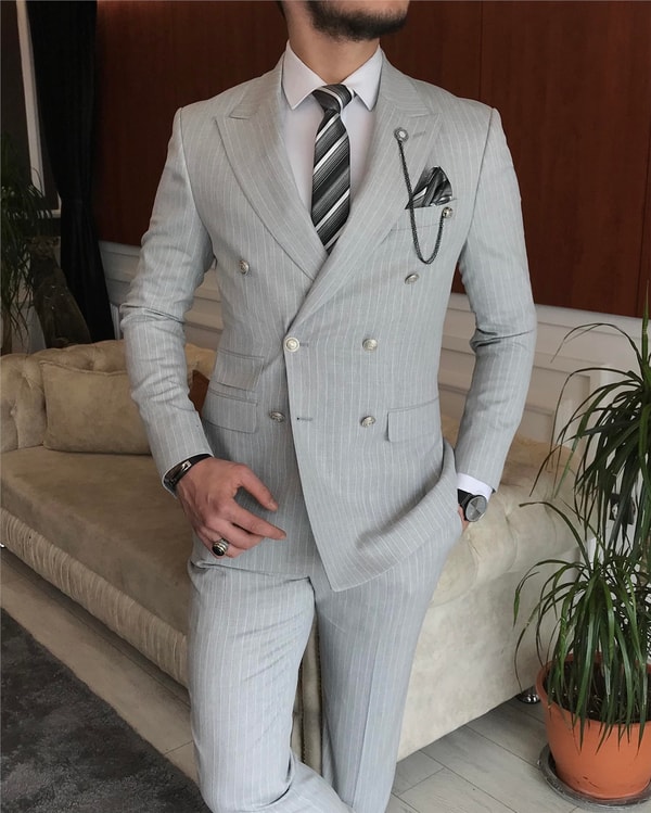 İtalyan stil kruvaze ceket pantolon takım elbise Gri T4449 · 3