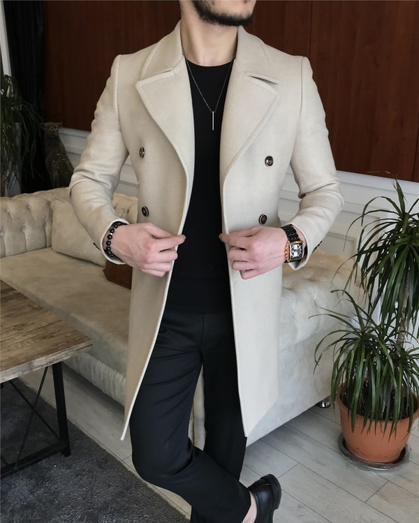 İtalyan stil kruvaze yün kaşe kaban Bej T6812 · 3