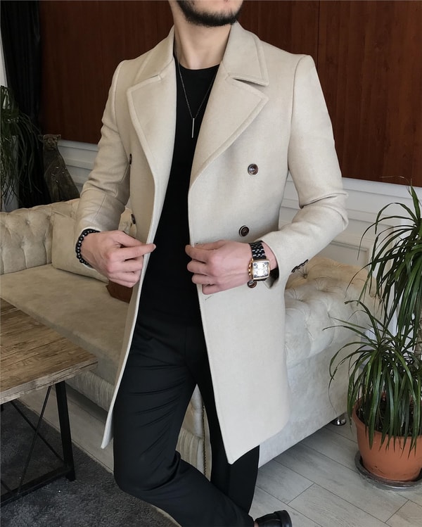 İtalyan stil kruvaze yün kaşe kaban Bej T6812 · 4