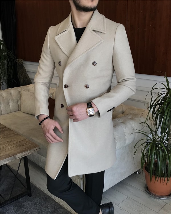 İtalyan stil kruvaze yün kaşe kaban Bej T6812 · 2