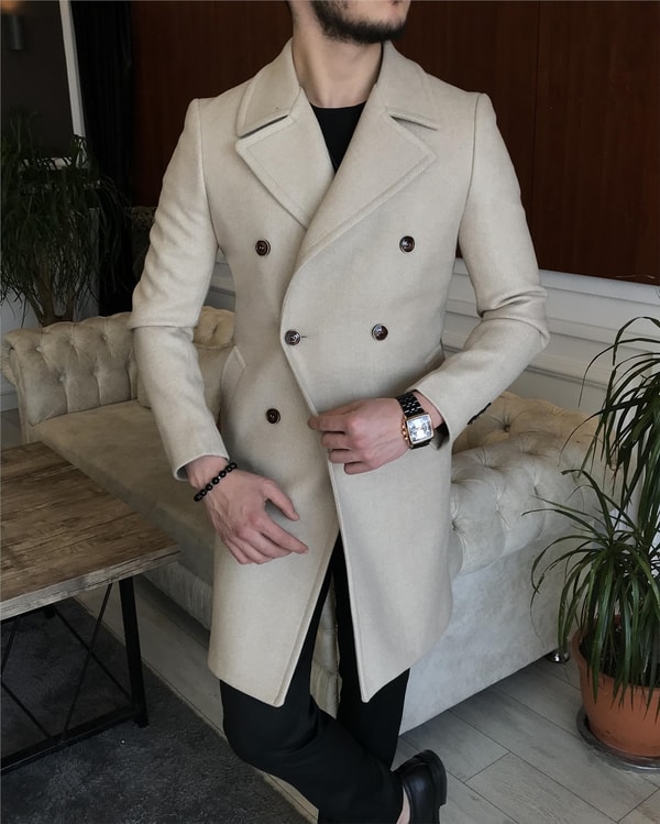 İtalyan stil kruvaze yün kaşe kaban Bej T6812
