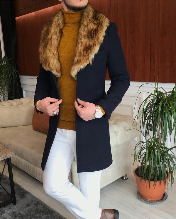 İtalyan stil kürk yaka yün kaşe kaban Lacivert T6798