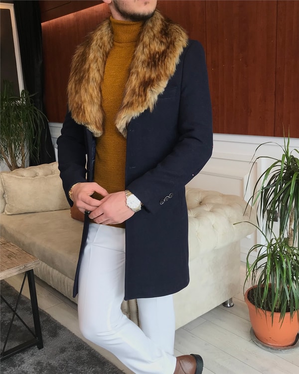 İtalyan stil kürk yaka yün kaşe kaban Lacivert T6798 · 6