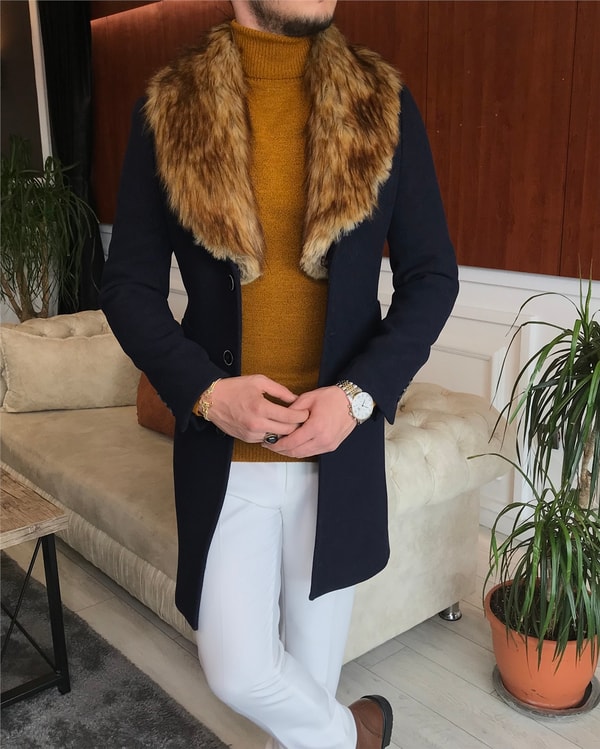 İtalyan stil kürk yaka yün kaşe kaban Lacivert T6798 · 5
