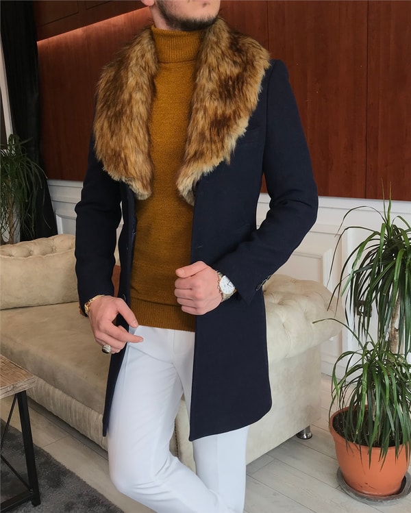 İtalyan stil kürk yaka yün kaşe kaban Lacivert T6798 · 4