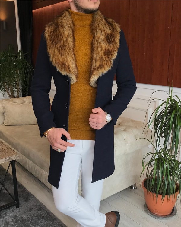 İtalyan stil kürk yaka yün kaşe kaban Lacivert T6798 · 3