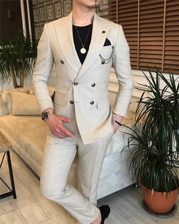 İtalyan stil slim ceket pantolon kruvaze takım elbise bej T5954 · 2