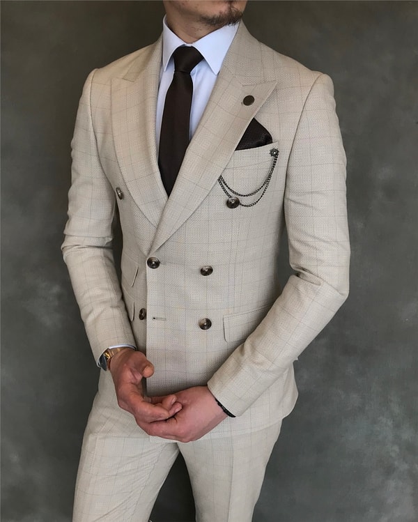 İtalyan stil slim ceket pantolon kruvaze takım elbise bej T5954 · 6