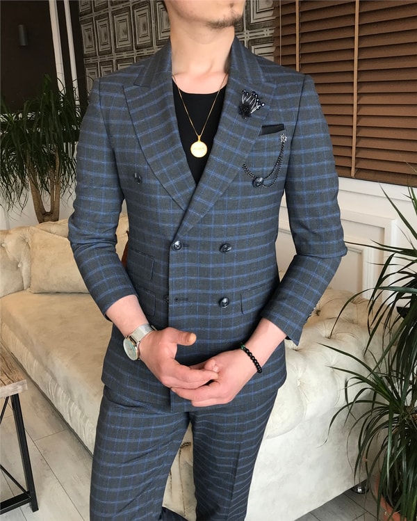 İtalyan stil slim ceket pantolon kruvaze takım elbise gri T5947 · 17