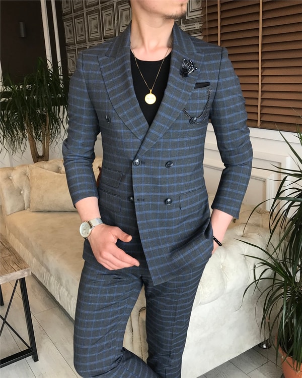 İtalyan stil slim ceket pantolon kruvaze takım elbise gri T5947 · 15
