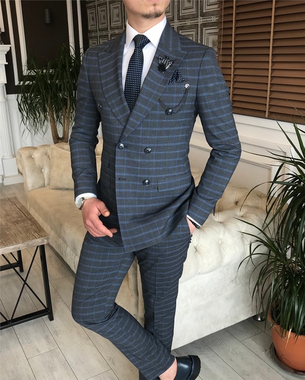 İtalyan stil slim ceket pantolon kruvaze takım elbise gri T5947 · 8