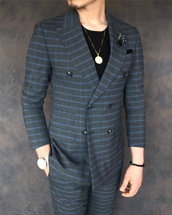İtalyan stil slim ceket pantolon kruvaze takım elbise gri T5947 · 18