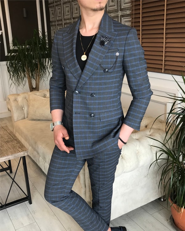 İtalyan stil slim ceket pantolon kruvaze takım elbise gri T5947 · 16