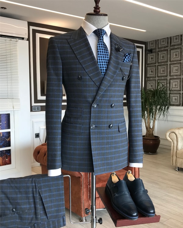 İtalyan stil slim ceket pantolon kruvaze takım elbise gri T5947 · 4