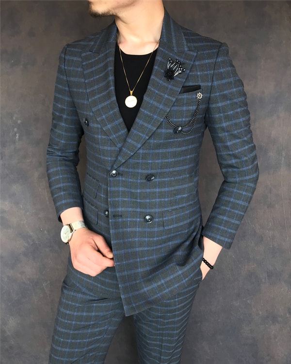 İtalyan stil slim ceket pantolon kruvaze takım elbise gri T5947 · 19