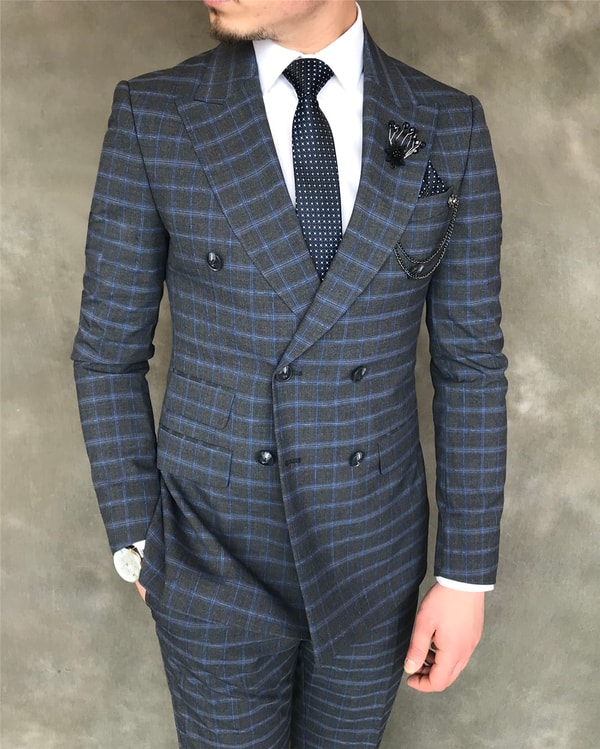 İtalyan stil slim ceket pantolon kruvaze takım elbise gri T5947 · 14