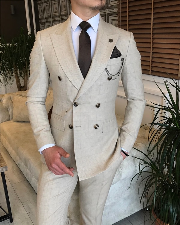 İtalyan stil slim ceket pantolon kruvaze takım elbise bej T5954 · 5