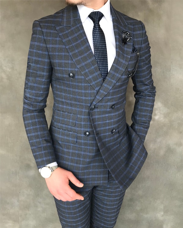 İtalyan stil slim ceket pantolon kruvaze takım elbise gri T5947 · 12