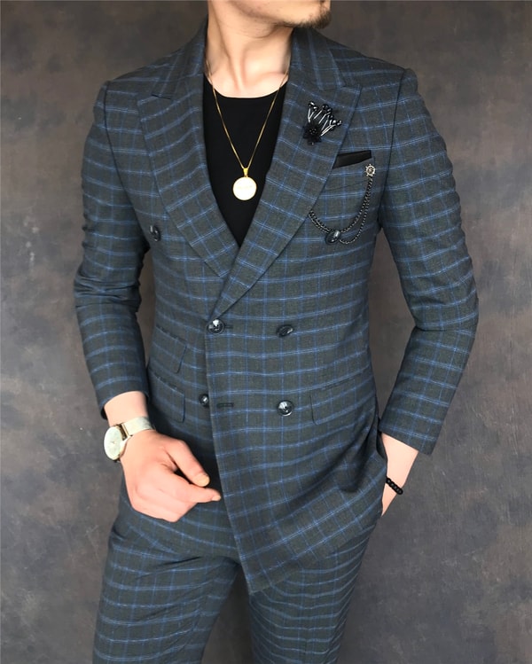 İtalyan stil slim ceket pantolon kruvaze takım elbise gri T5947 · 20