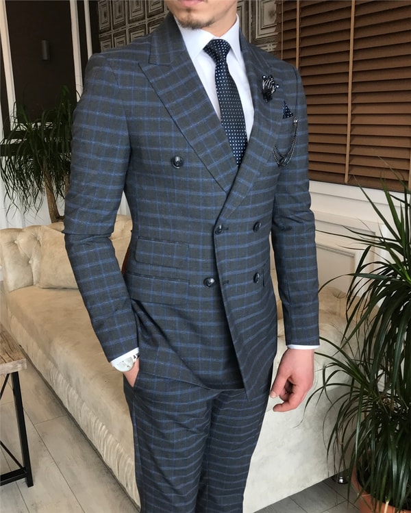 İtalyan stil slim ceket pantolon kruvaze takım elbise gri T5947 · 11