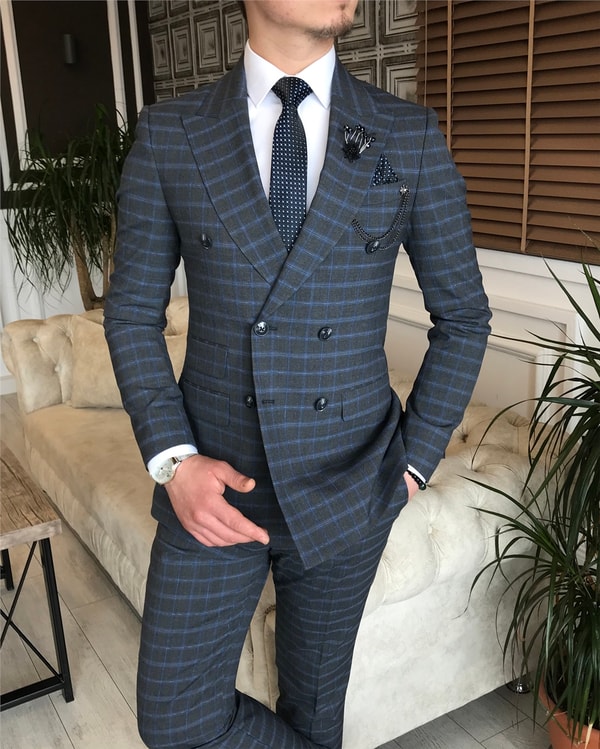 İtalyan stil slim ceket pantolon kruvaze takım elbise gri T5947 · 7